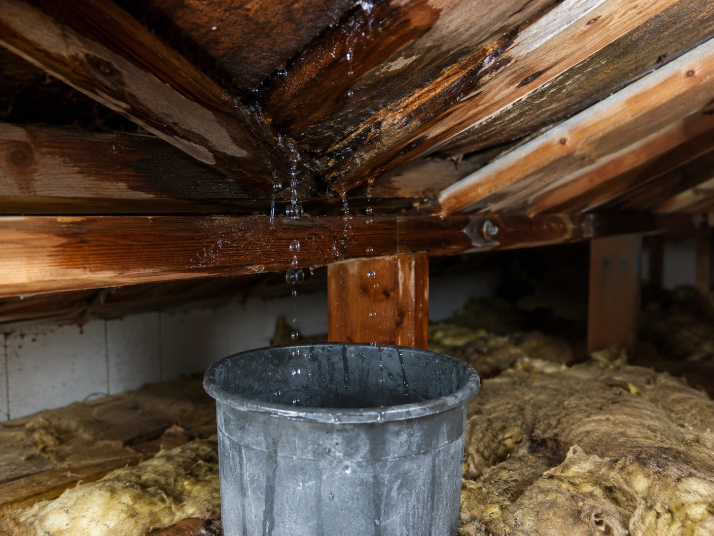 Water dat door een lekkend houten dakbeschot druppelt in een opvangemmer