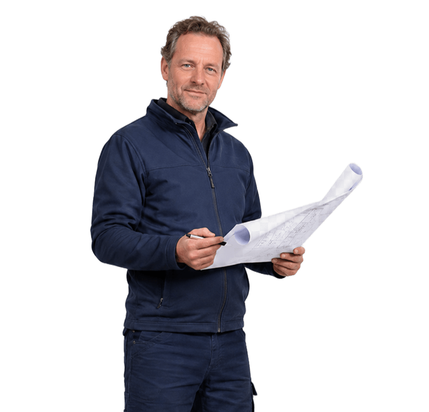 Wout, dakspecialist met bouwtekening
