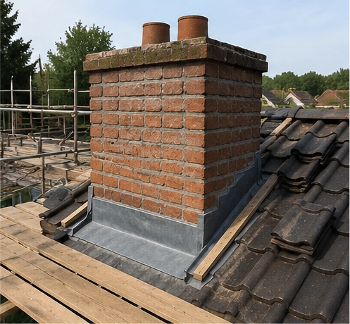 Gerepareerde gemetselde schoorsteen met steiger en nieuw loodwerk
